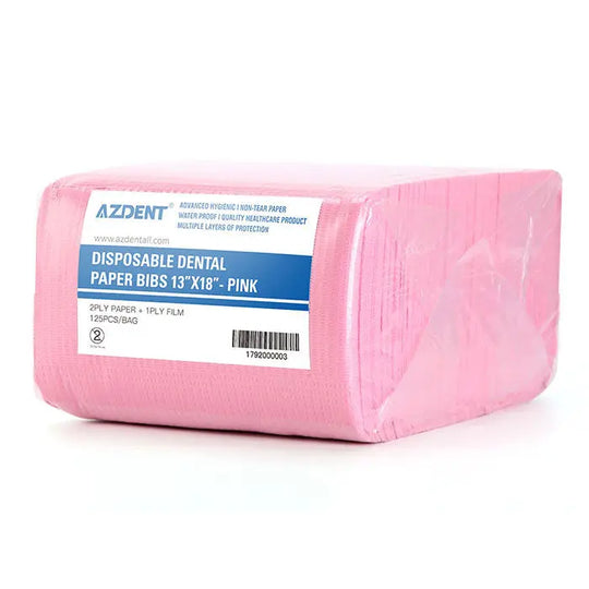 Dental Disposable Patient Bibs 13"x18" 2-Ply Paper/1-Ply Poly 125pcs/Pack, pink-colored package of disposable dental bibs by AZDENT, showing product label with size and material details, suitable for dental procedures and patient protection