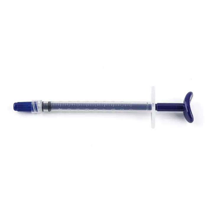 Dental Endo Irrigation Syringe Plastic Blue 1ML 1pc/Pack, clear plastic body with blue plunger and tip, measuring marks visible, for precise dental procedures