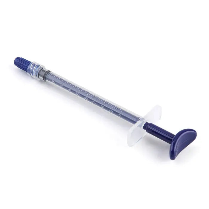 Dental Endo Irrigation Syringe Plastic Blue 1ML 1pc/Pack - Clear plastic syringe with blue plunger and tip, featuring measurement markings along the barrel, designed for precise dental irrigation procedures