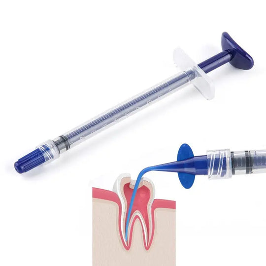 Dental Endo Irrigation Syringe Plastic Blue 1ML 1pc/Pack: Blue plastic syringe with clear barrel and plunger, featuring measurement markings and a thin nozzle for precise dental irrigation. Diagram shows application in tooth root canal.