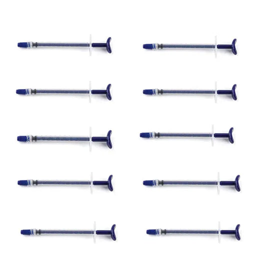 Dental Endo Irrigation Syringe Plastic Blue 1ML 1pc/Pack: Multiple blue plastic syringes arranged in rows, showcasing the slender design and blue plunger tips of these dental irrigation tools for endodontic procedures.