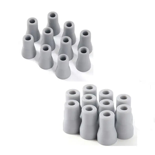 Dental Saliva Ejector Weak/Strong Suction Rubber Snap Tip Adapter Replacement 10pcs/Pack: Two sets of 10 gray silicone cone-shaped adapters with hollow centers, arranged in rows. Top view shows wider openings, bottom view displays narrower ends. Essential dental tool for saliva removal.