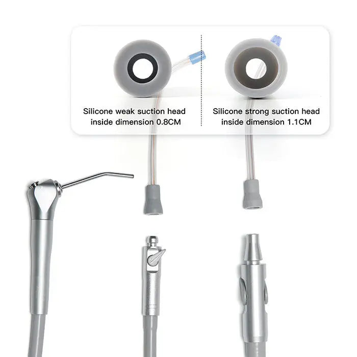 Dental Saliva Ejector Weak/Strong Suction Rubber Snap Tip Adapter Replacement 10pcs/Pack featuring silicone suction heads with different dimensions and various dental tools including saliva ejectors and suction devices for dental procedures.