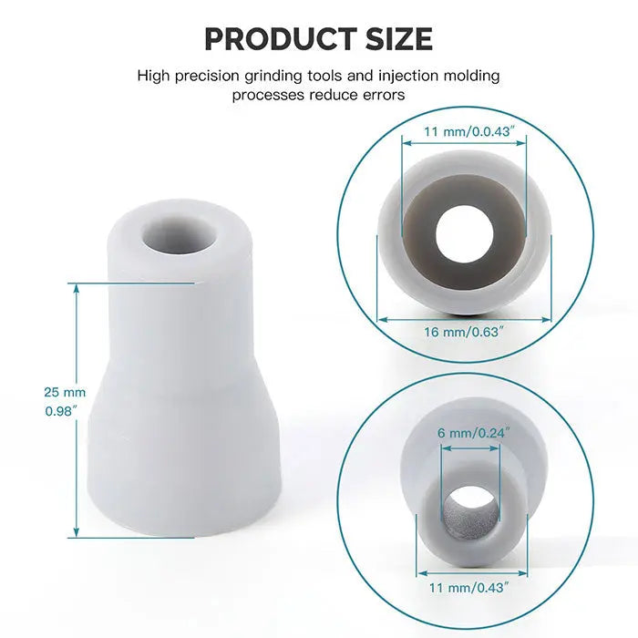 Product size diagram for Dental Saliva Ejector Weak/Strong Suction Rubber Snap Tip Adapter Replacement, showing dimensions of 25mm length, 16mm outer diameter, and 6mm inner diameter for the suction tip, with precision measurements highlighted.