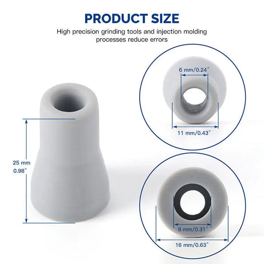 Dental Saliva Ejector Rubber Snap Tip Adapter product size diagram showing dimensions of 25mm length, 11mm outer diameter, and 6mm inner diameter for the small hole. Precision-made silica gel suction tip for dental procedures, suitable for adults and children.