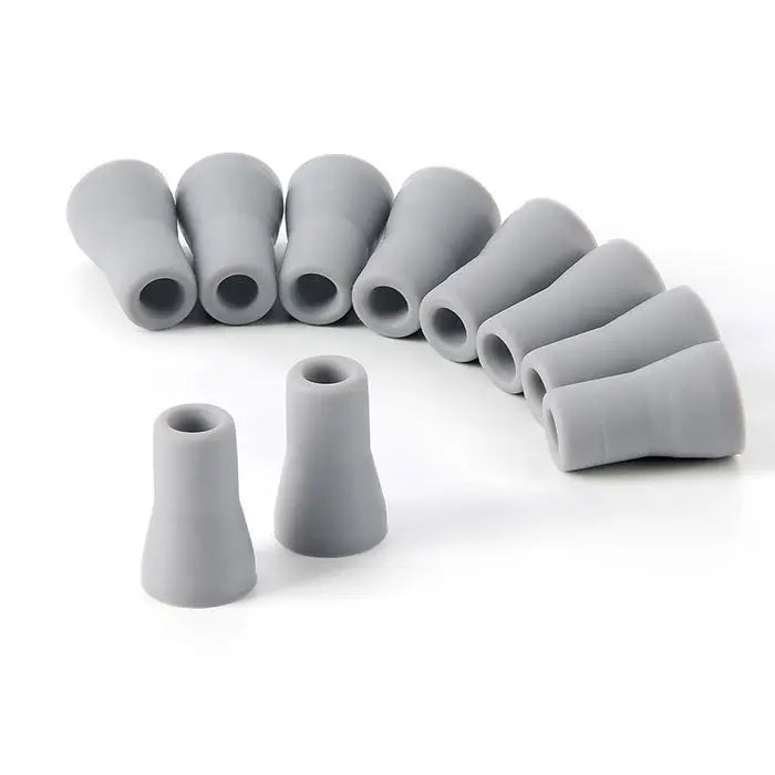 Dental Saliva Ejector Weak/Strong Suction Rubber Snap Tip Adapter Replacement 10pcs/Pack: Gray silicone rubber tips of varying sizes arranged in a curved line, with two larger tips in the foreground. Designed for dental suction devices, suitable for adults and children.