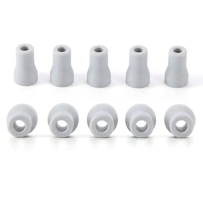 Dental Saliva Ejector Weak /Strong Suction Rubber Snap Tip Adapter Replacement 10pcs/Pack: Two rows of five white silicone adapters each, top row showing conical shape, bottom row displaying circular base with central hole, suitable for dental suction devices.