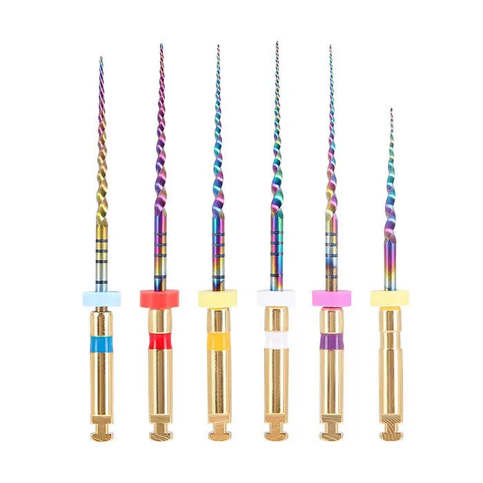 Dental Engine Rotary Files Endo NiTi Thermal Activation Rainbow Files 25mm 6pcs/Pack displayed in a row, showing colorful spiral patterns and varying sizes. The files feature gold-colored handles and multi-colored bands, designed for precise dental procedures.