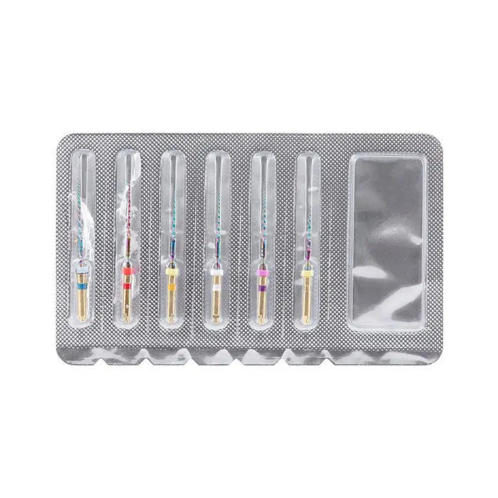 Dental Engine Rotary Files Endo NiTi Thermal Activation Rainbow Files 25mm 6pcs/Pack in sealed blister packaging, displaying six colorful rotary files with different sizes and a transparent window for viewing