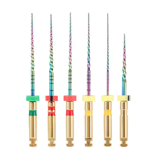 Dental Engine Rotary Files Endo NiTi Thermal Activation Rainbow Files 25mm 6pcs/Pack displayed in a row, showing colorful spiral tips and gold-colored handles with colored bands, illustrating various sizes and designs for dental procedures