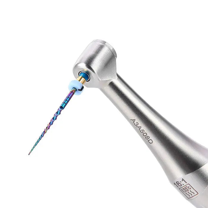 Dental Engine Rotary Files Endo NiTi Thermal Activation Rainbow Files 25mm 6pcs/Pack showing a close-up of a dental handpiece with a colorful rainbow-hued rotary file attached, demonstrating the product's flexibility and unique thermal activation properties