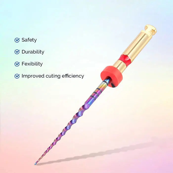 Dental Engine Rotary Files Endo NiTi Thermal Activation Rainbow Files 25mm 6pcs/Pack: Close-up of a single rainbow-colored dental rotary file with gold and red handle, showcasing safety, durability, flexibility, and improved cutting efficiency features on a pastel gradient background.