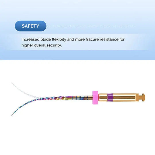 Dental Engine Rotary Files Endo NiTi Thermal Activation Rainbow Files 25mm 6pcs/Pack: Colorful rainbow-patterned dental file with gold and pink accents, showcasing flexibility and fracture resistance for enhanced safety in endodontic procedures