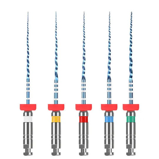 Dental NiTi Endo Blue Engine Use Rotary Files with blue and white spiral patterns, metal shafts, and colorful handles in red, yellow, blue, and green. Set of five files displayed vertically, showcasing different sizes for dental procedures.