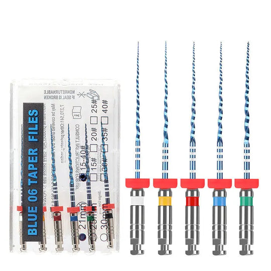 Dental NiTi Endo Blue Engine Use Rotary Files displayed in packaging and individually, showing 21mm/25mm lengths, tapers .04/.06, sizes #15-40, with color-coded handles and spiral flutes for efficient canal cleaning and shaping in dental procedures.