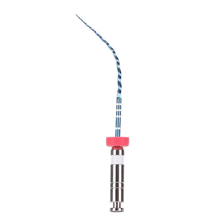 Dental NiTi Endo Blue Engine Use Rotary File with blue and white striped flexible shaft, red connector, and silver base. Designed for precise dental procedures in curved canals, available in 21mm/25mm lengths with .04/.06 taper.