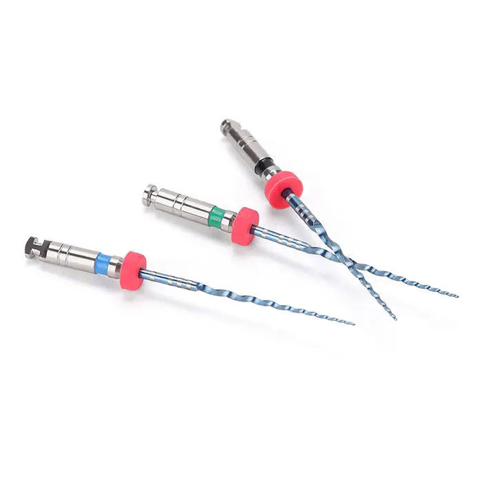 Dental NiTi Endo Blue Engine Use Rotary File set featuring three stainless steel instruments with blue spiral tips, red rubber stoppers, and color-coded handles for size identification. Used for root canal procedures in dentistry.