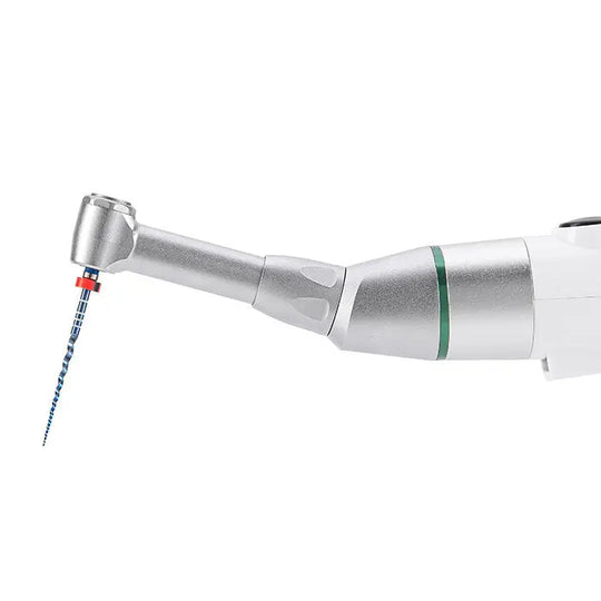 Dental NiTi Endo Blue Engine Use Rotary File shown attached to dental handpiece, featuring silver metallic body with green accent ring and visible blue-colored file tip for precise dental procedures, highlighting the product's professional design and functionality.