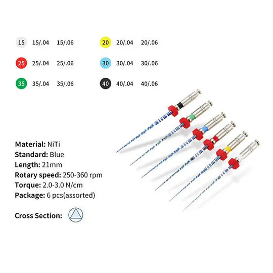 Dental NiTi Endo Blue Engine Use Rotary File set showing six assorted sizes and tapers, with color-coded handles. Image displays product specifications including material, length, speed, torque, and package details, along with a cross-section diagram.