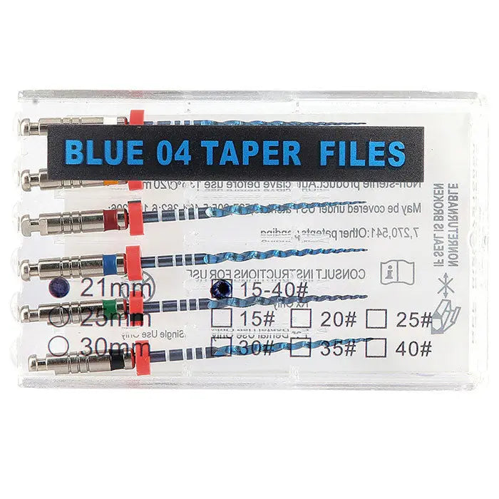 Dental NiTi Endo Blue Engine Use Rotary File pack in clear plastic case. Visible are six metallic files with colored markings, labeled with size and taper details. The case is marked "BLUE 04 TAPER FILES" and includes measurement indicators for 21mm length and various file sizes from 15 to 40.