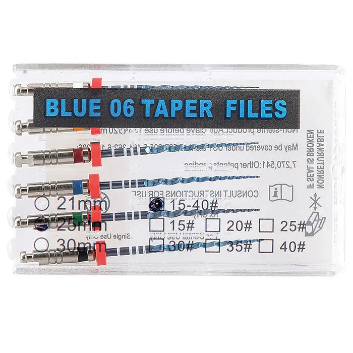 Dental NiTi Endo Blue Engine Use Rotary File set in clear plastic case, showing 6 files of varying sizes with color-coded rings. Label indicates "BLUE 06 TAPER FILES" with size and length options listed.