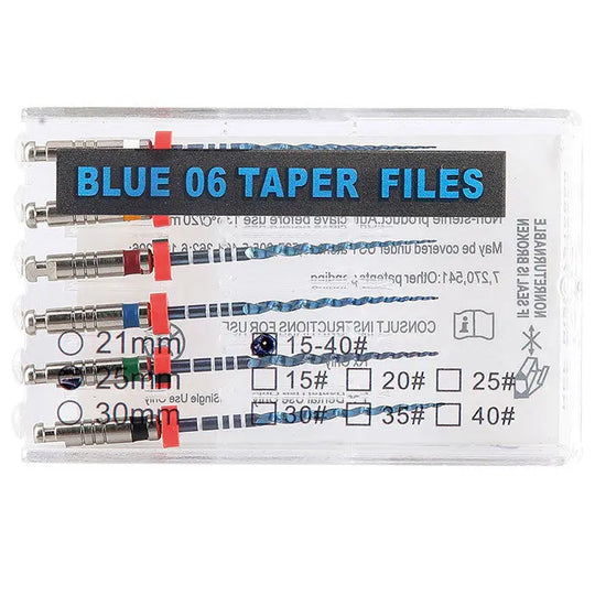 Dental NiTi Endo Blue Engine Use Rotary File set in clear plastic case, showing 6 files of varying sizes with color-coded rings. Label indicates "BLUE 06 TAPER FILES" with size and length options listed.