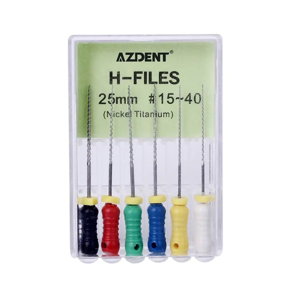 Dental NiTi H-Files Hand Use 25mm Assorted #15-40 6pcs/Pack displayed in clear plastic packaging. Set includes six color-coded nickel-titanium files with varying sizes, ranging from 15 to 40, for dental procedures. AZDENT brand visible on package label.