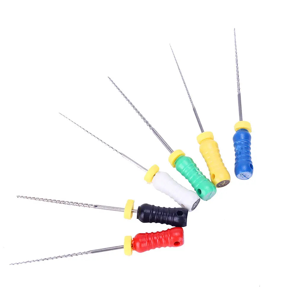 Set of Dental NiTi H-Files Hand Use 25mm Assorted #15-40 6pcs/Pack featuring colorful handles in red, black, white, yellow, green, and blue, with thin metal files extending from each handle, arranged in a fan-like pattern on a white background.