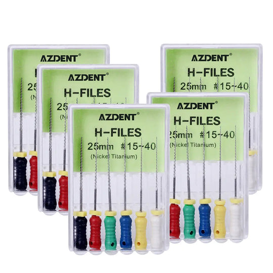 Dental NiTi H-Files Hand Use 25mm Assorted #15-40 6pcs/Pack: Set of AZDENT nickel-titanium H-Files for dental use, 25mm length, sizes #15-40, displayed in clear plastic cases with colored handles. High-quality endodontic instruments for precise root canal procedures.