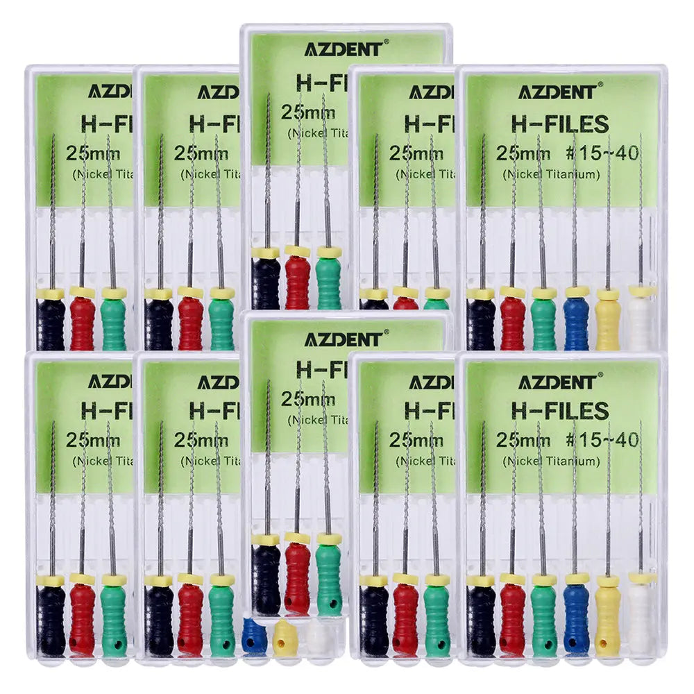 Dental NiTi H-Files Hand Use 25mm Assorted #15-40 6pcs/Pack displayed in multiple clear plastic cases with green labels. Each case contains six color-coded files of varying sizes, showcasing the product's range and organization.