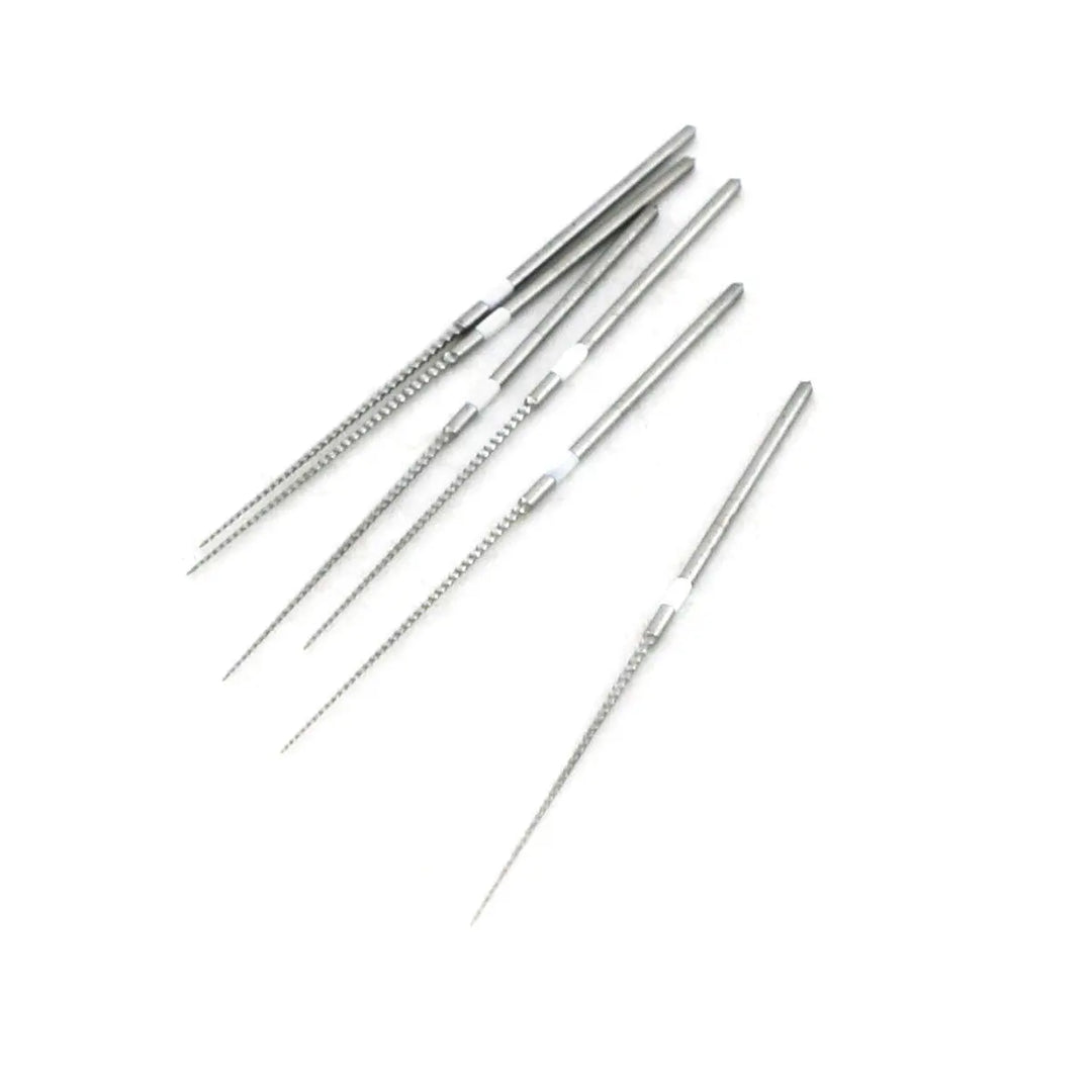 5 Packs Dental Endodontic U Files Niti For Root Cleaning #15-40 6pcs/Pack: Assorted sizes of slender, stainless steel dental files with spiral grooves and pointed tips for precise root canal cleaning and shaping, displayed in a fan-like arrangement