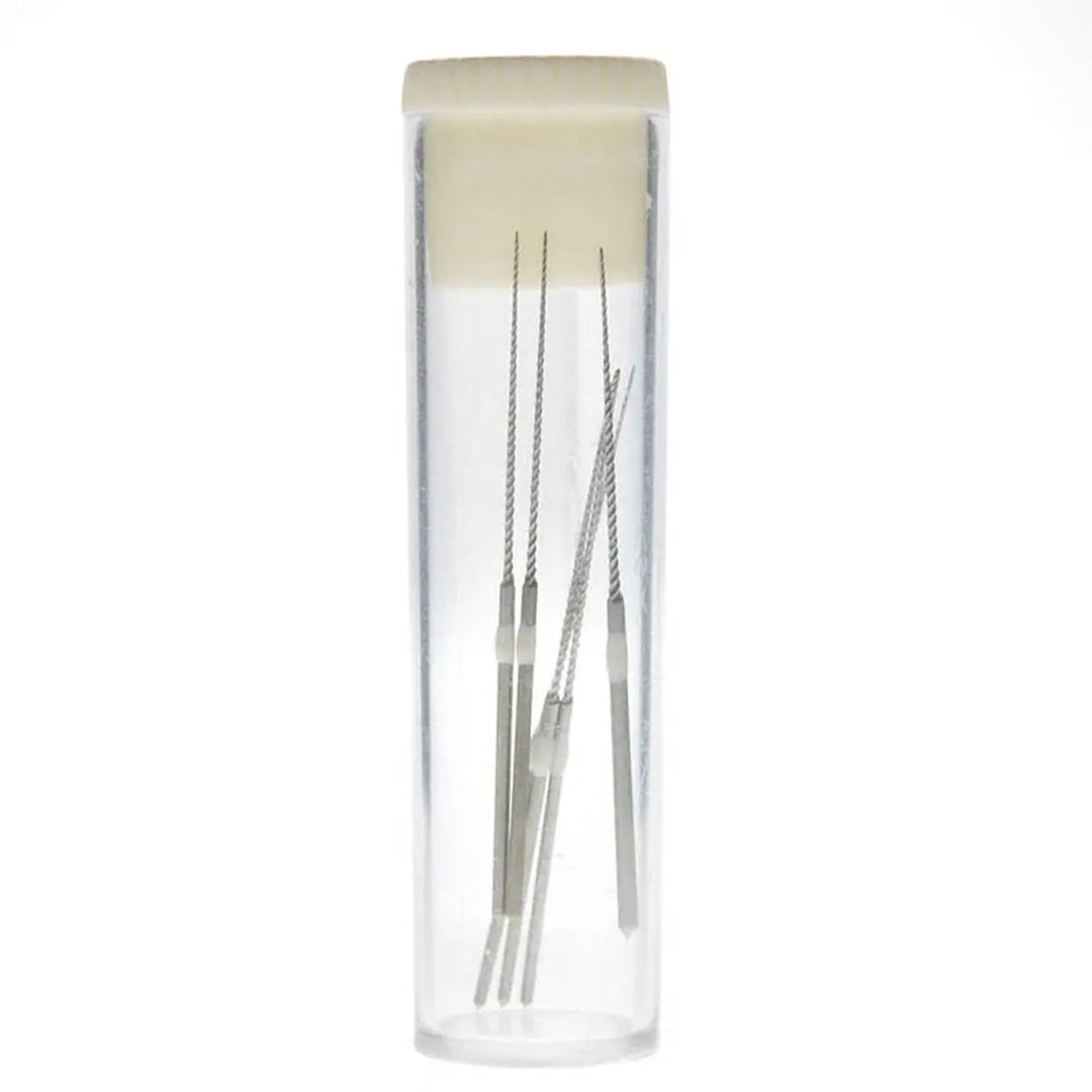 5 Packs Dental Endodontic U Files Niti For Root Cleaning #15-40 6pcs/Pack displayed in a clear plastic container. Four thin, metallic dental files with spiral tips visible inside, showcasing the precision instruments used for root canal procedures.