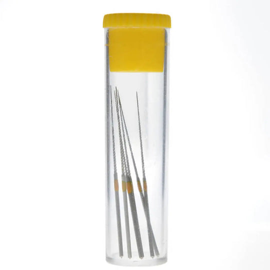 Dental Endodontic U Files Niti for Root Cleaning, 5 packs with 6 pieces each, sizes 15-40, displayed in a clear plastic tube with yellow cap, showing thin metal files for precision dental work