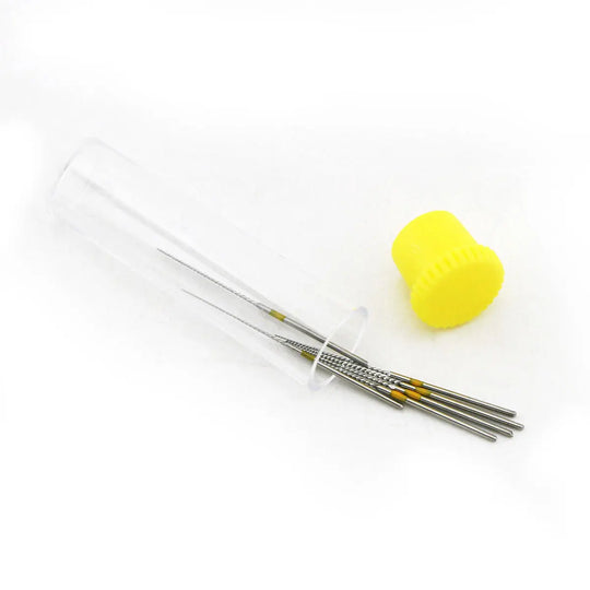 5 Packs Dental Endodontic U Files Niti For Root Cleaning, showing a clear plastic tube containing thin metal files and a yellow rubber stopper. Dental instruments for precision root canal treatment.