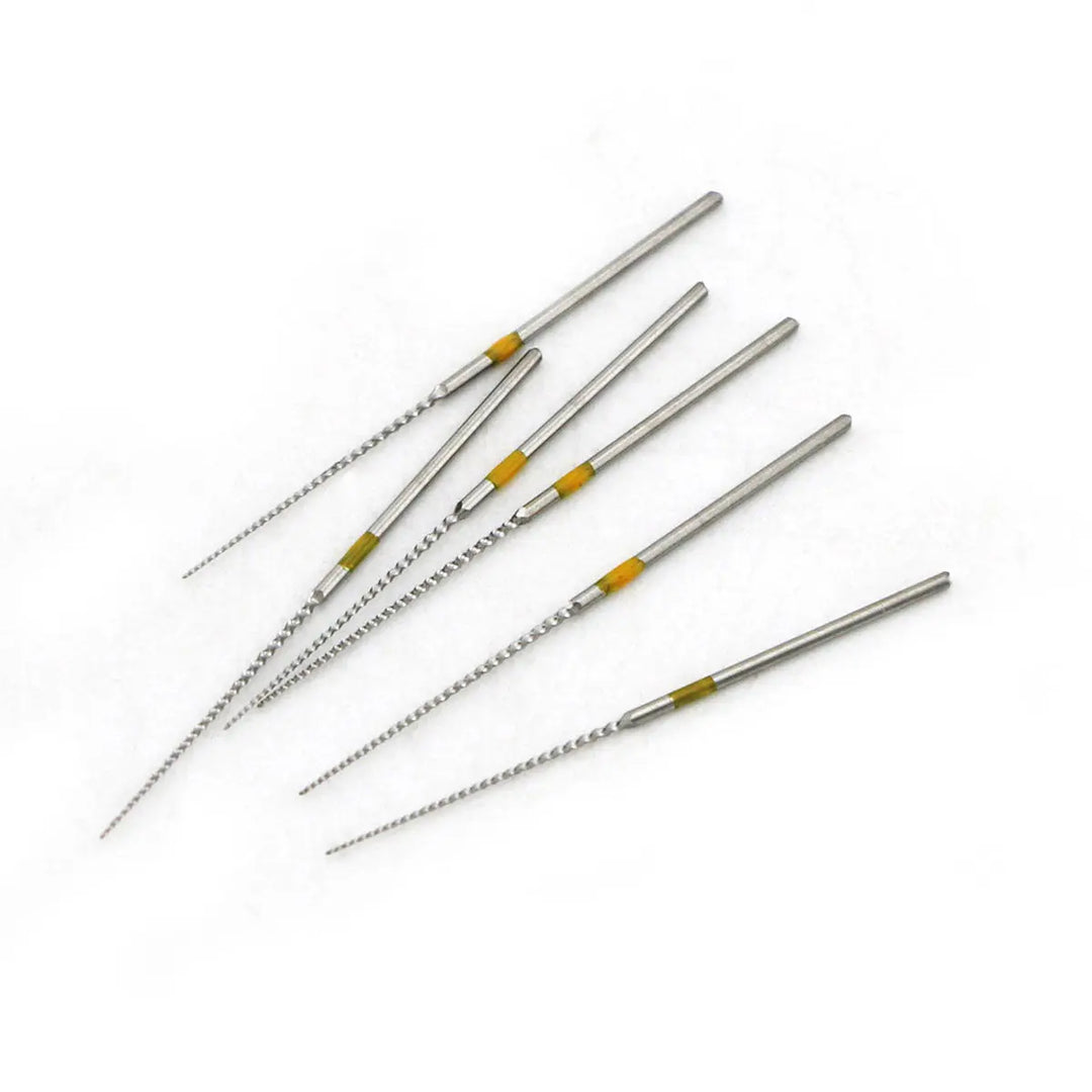 5 Packs Dental Endodontic U Files Niti For Root Cleaning #15-40 6pcs/Pack: Set of five stainless steel dental files with different colored markings, arranged in descending order of size. Each file has a thin, tapered shape with spiral grooves for efficient root canal cleaning.