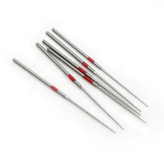 5 Packs Dental Endodontic U Files Niti For Root Cleaning #15-40 6pcs/Pack displayed on white background. Six slender, silver-colored metal files with red markings near the tips, varying in length and thickness, arranged side by side.