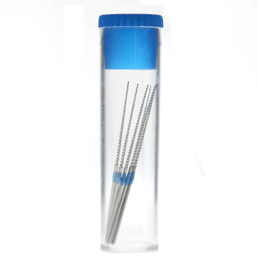 Dental Endodontic U Files Niti for Root Cleaning #15-40, 6pcs/Pack. Clear plastic tube with blue cap containing five thin, silver-colored dental files for precise root canal procedures. Professional-grade instruments visible through transparent container.