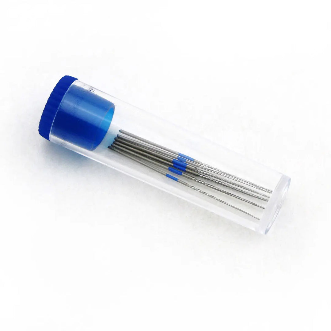 5 Packs Dental Endodontic U Files Niti For Root Cleaning #15-40 6pcs/Pack: Clear tube container with blue cap holding multiple thin metal dental files for endodontic procedures, showcasing precision instruments for root canal treatments