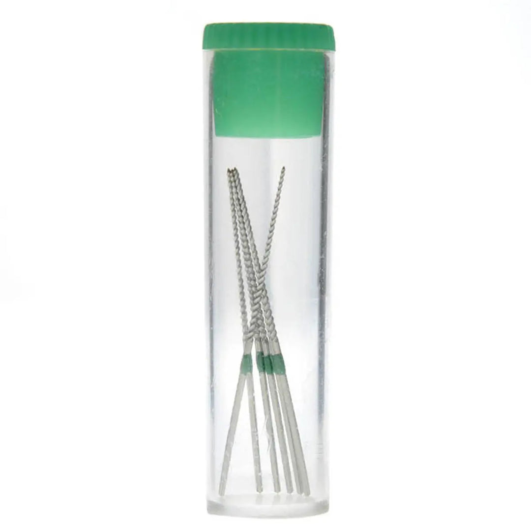 Dental Endodontic U Files Niti for Root Cleaning set in clear plastic tube with green cap, showcasing 6 precision instruments for dental procedures, part of 5 pack product for professional use