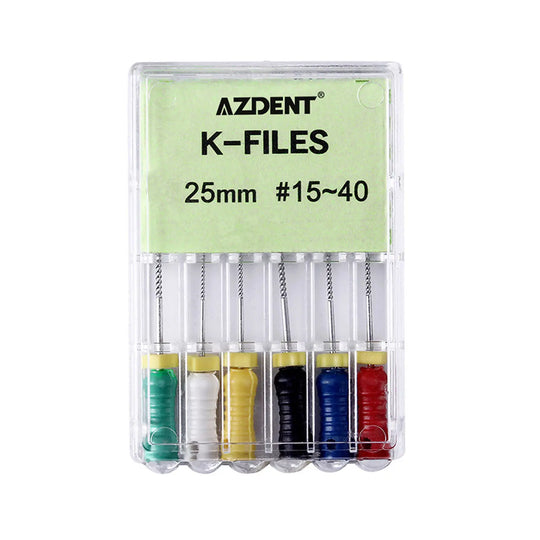 Dental NiTi K-Files Hand Use 25mm Assorted #15-40 6pcs/Pack: AZDENT brand K-Files in clear plastic case, showing six colorful 25mm files ranging from #15 to #40, with green label displaying product details.