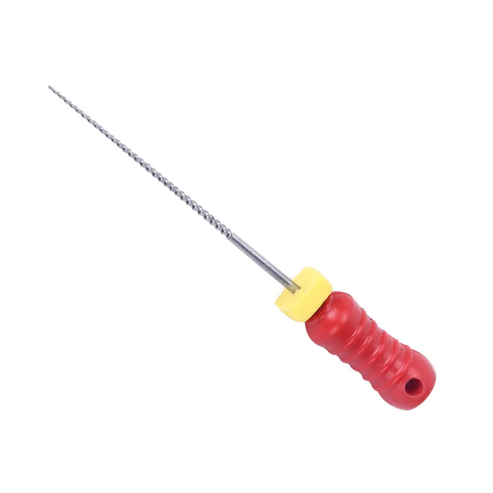 Dental NiTi K-File Hand Use 25mm, part of Assorted #15-40 6pcs/Pack, featuring a slender metal shaft with spiral grooves, red ergonomic handle, and yellow rubber stopper for precise depth control in dental procedures