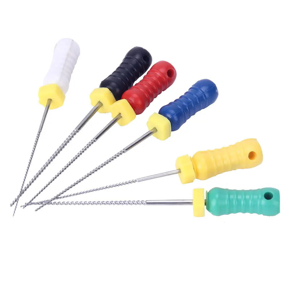 Dental NiTi K-Files Hand Use 25mm Assorted #15-40 6pcs/Pack: Set of colorful dental K-files with metal tips and plastic handles in white, black, red, blue, yellow, and green, arranged in a fan-like pattern against a white background.