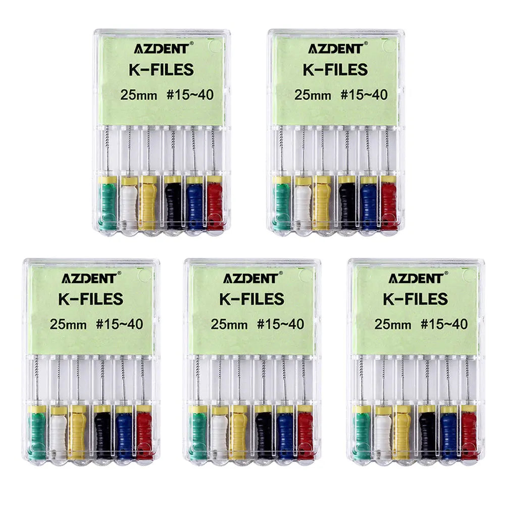 Five packs of Dental NiTi K-Files Hand Use 25mm Assorted #15-40 6pcs/Pack by AZDENT, displaying colorful file handles in clear plastic cases with green labels showing product details