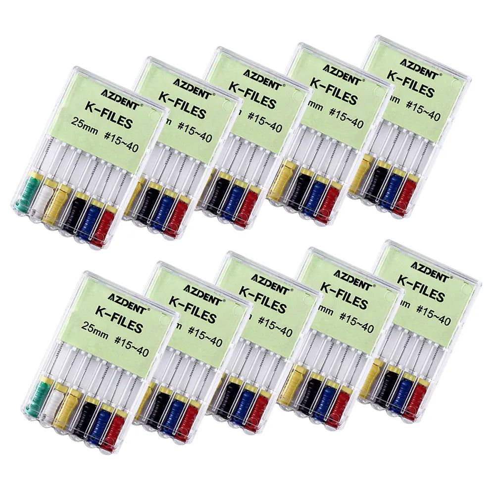 Dental NiTi K-Files Hand Use 25mm Assorted #15-40 6pcs/Pack displayed in multiple transparent plastic cases. Each case contains six color-coded files with varying sizes, arranged neatly in rows. The product packaging is clearly labeled with "AZDENT K-FILES" and size information.