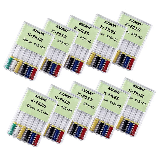 Dental NiTi K-Files Hand Use 25mm Assorted #15-40 6pcs/Pack displayed in multiple transparent plastic cases. Each case contains six color-coded files with varying sizes, arranged neatly in rows. The product packaging is clearly labeled with "AZDENT K-FILES" and size information.