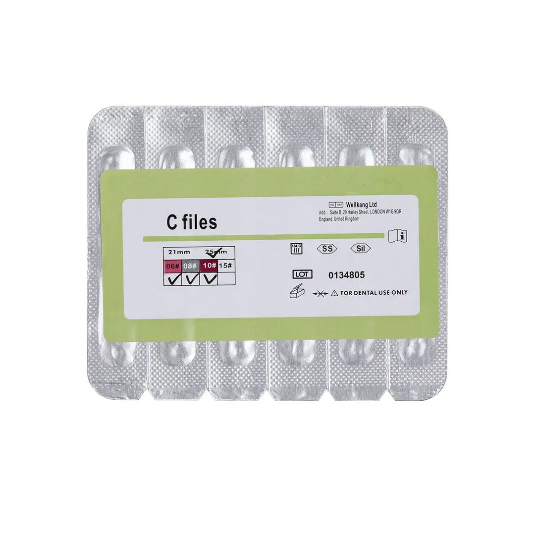 Dental C Files Hand Use Stainless Steel 25mm Assorted #6-10 6pcs/Pack in blister packaging with product label showing specifications and usage details for dental procedures on severely curved or calcified root canals