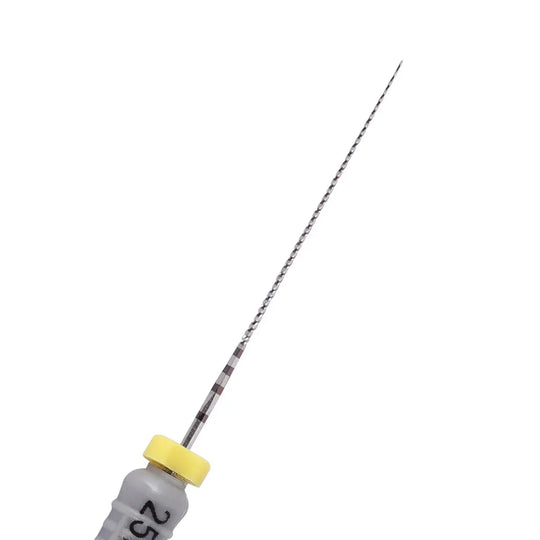 Dental C Files Hand Use Stainless Steel 25mm Assorted #6-10 6pcs/Pack: Close-up of a single dental C-file with a yellow stopper, showing its long, thin, spiral-fluted stainless steel shaft designed for root canal procedures.