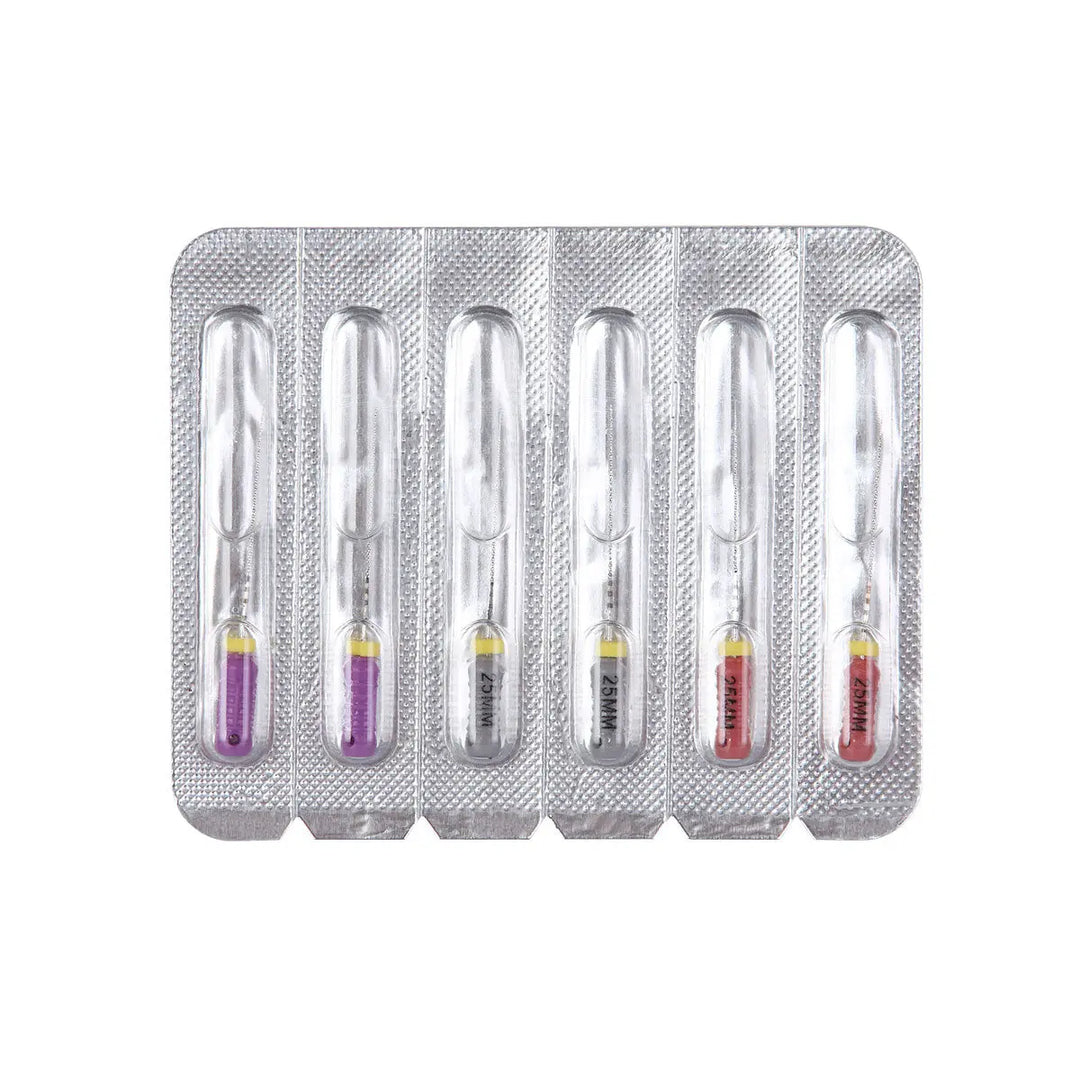 Dental C Files Hand Use Stainless Steel 25mm Assorted #6-10 6pcs/Pack in blister packaging, showing six transparent plastic tubes containing color-coded metal files for curved or calcified root canals