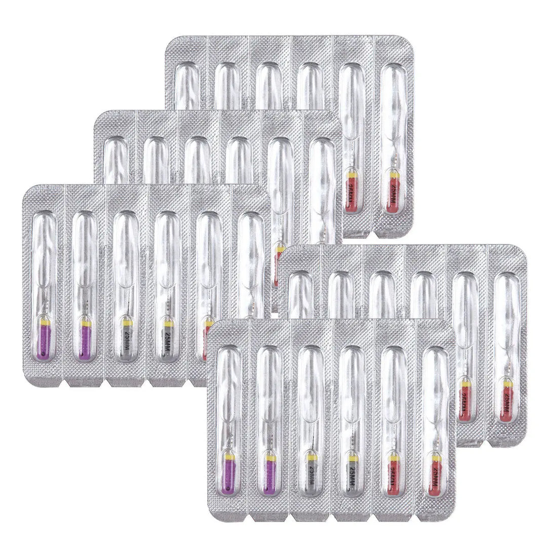 Dental C Files Hand Use Stainless Steel 25mm Assorted #6-10 6pcs/Pack: Four blister packs containing multiple individually wrapped stainless steel dental C-files with color-coded handles, arranged in a grid pattern against a white background