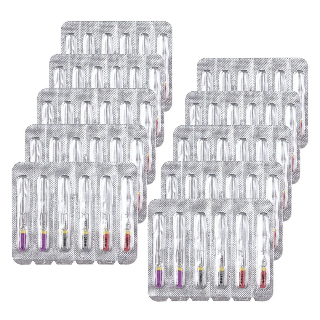 Dental C Files Hand Use Stainless Steel 25mm Assorted #6-10 6pcs/Pack in blister packaging. Multiple packs of six color-coded dental files arranged in rows, showing variety of sizes for curved or calcified root canals.